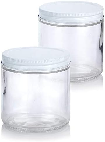 JUVITUS 16 oz Clear Thick Glass Jars with White Metal lids x2