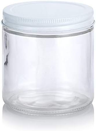 JUVITUS 16 oz Clear Thick Glass Jars with White Metal lids x2