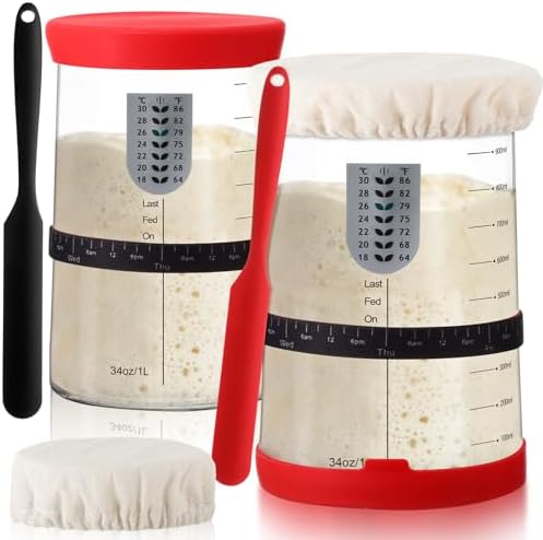 Potchen 2-Segment 34oz Sourdough Starter Kit with Thermometer and Cloth Cover Red
