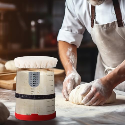 Potchen 2-Segment 34oz Sourdough Starter Kit with Thermometer and Cloth Cover Red