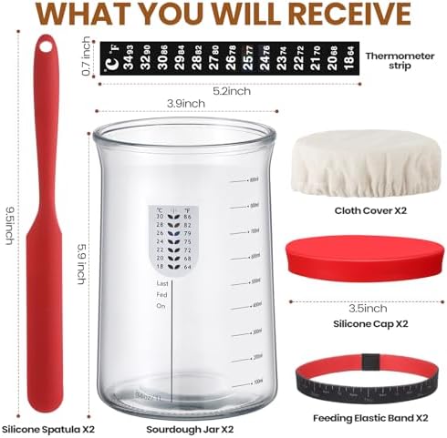 Potchen 2-Segment 34oz Sourdough Starter Kit with Thermometer and Cloth Cover Red