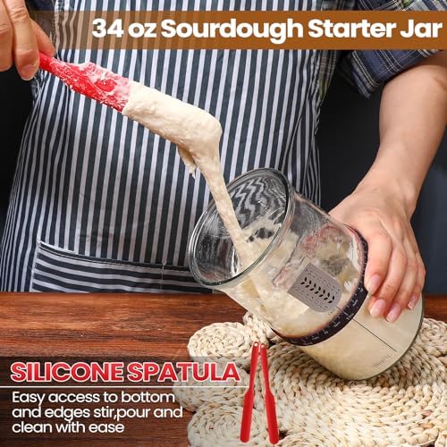 Potchen 2-Segment 34oz Sourdough Starter Kit with Thermometer and Cloth Cover Red