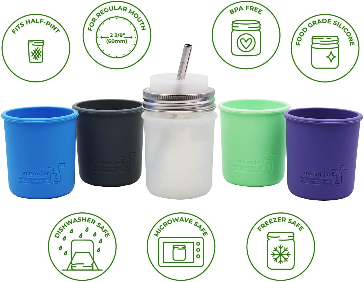 Perfect 5-Pack Silicone Sleeves for Mason Jars by Mason Jar Lifestyle