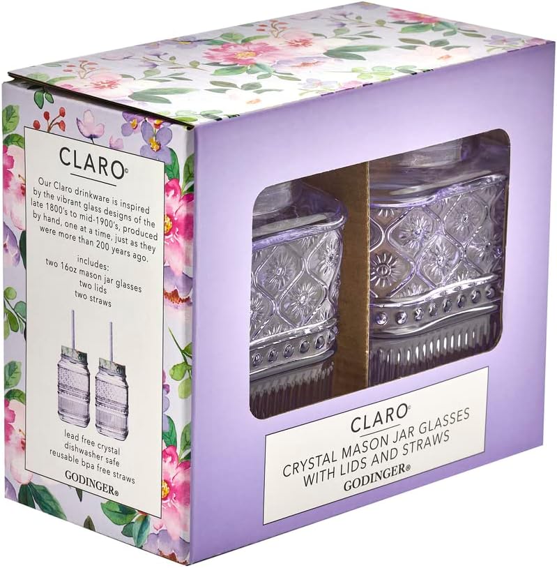 Godinger Claro Purple Mason Jars Set of 2 - 16oz Storage Jars