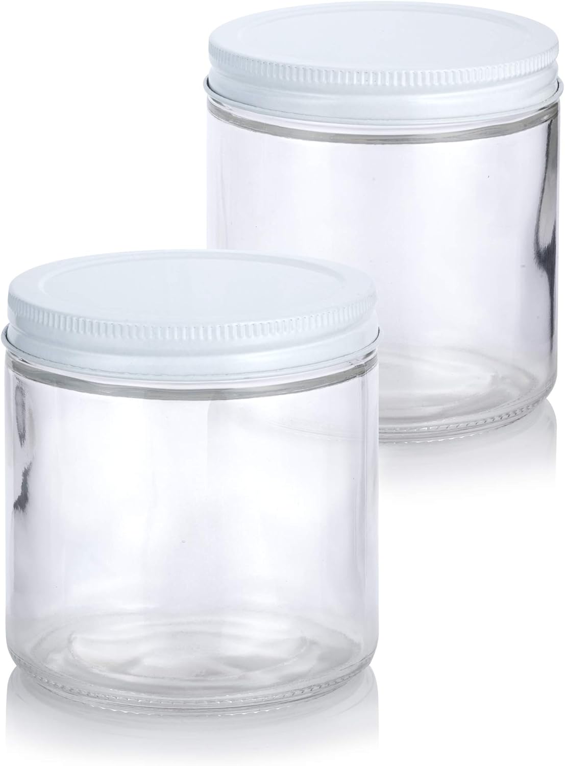 JUVITUS 16 oz Clear Thick Glass Jars with White Metal lids x2