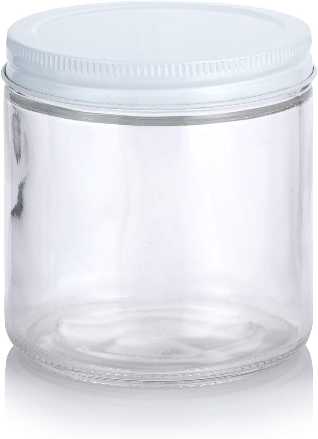 JUVITUS 16 oz Clear Thick Glass Jars with White Metal lids x2