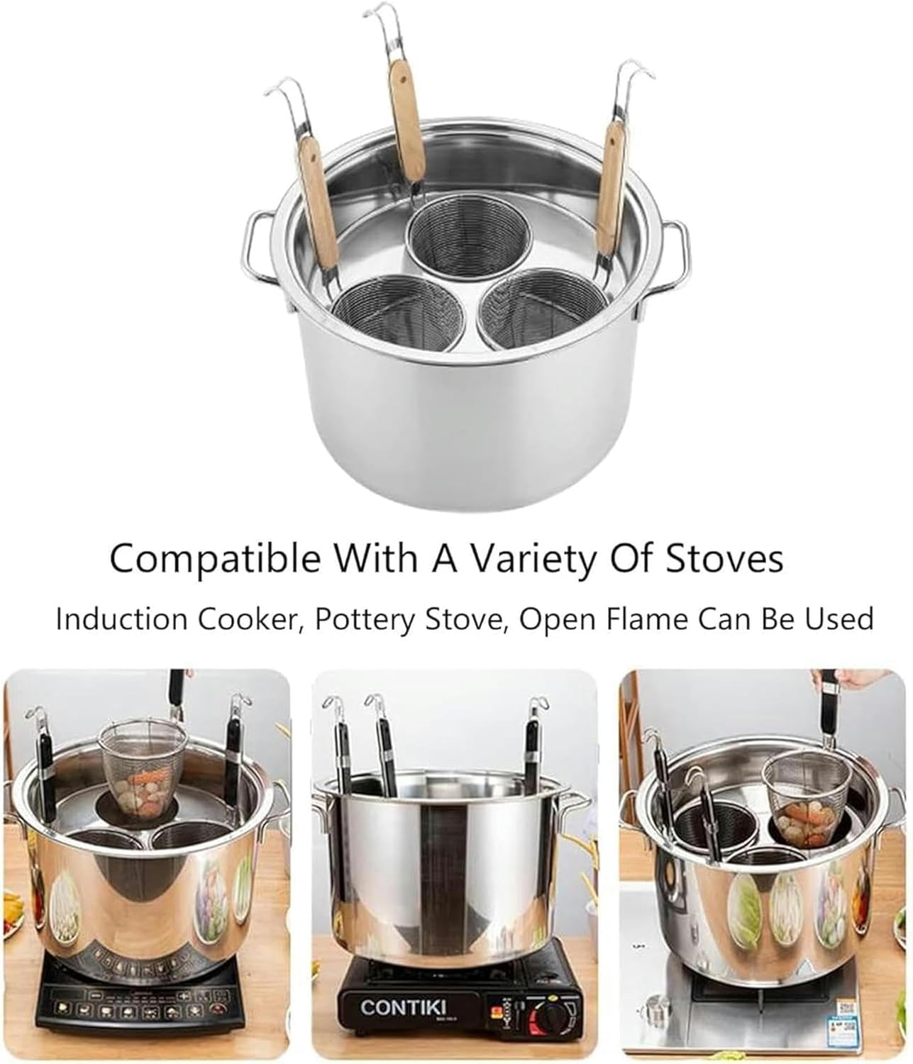 AttreX Stainless Steel Pasta Cooker with 3 Holes Strainer Basket Overflow Protection Silver
