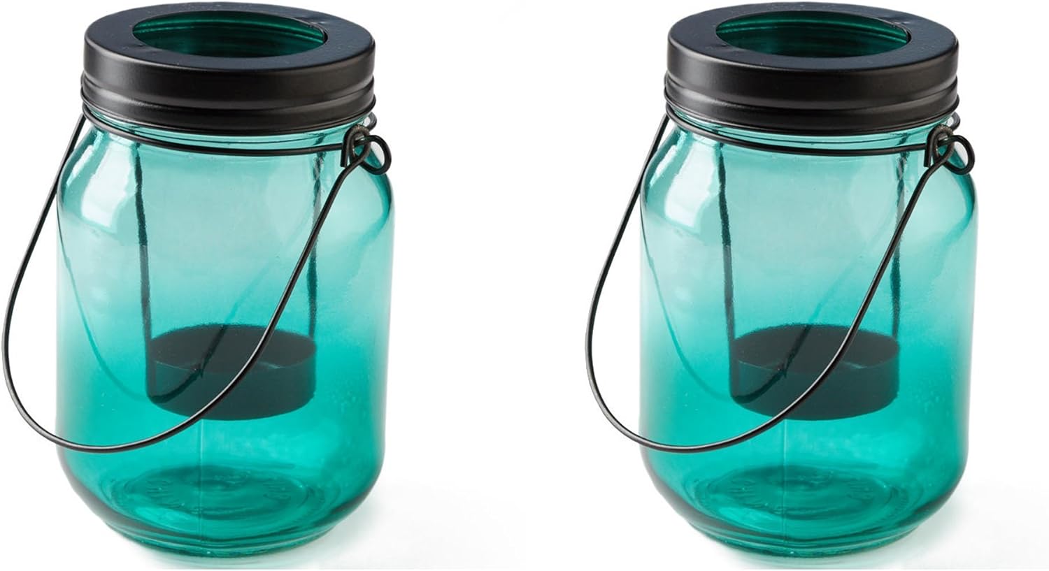 Turquoise Glass Tea Light Holders with Lids 2 Jars