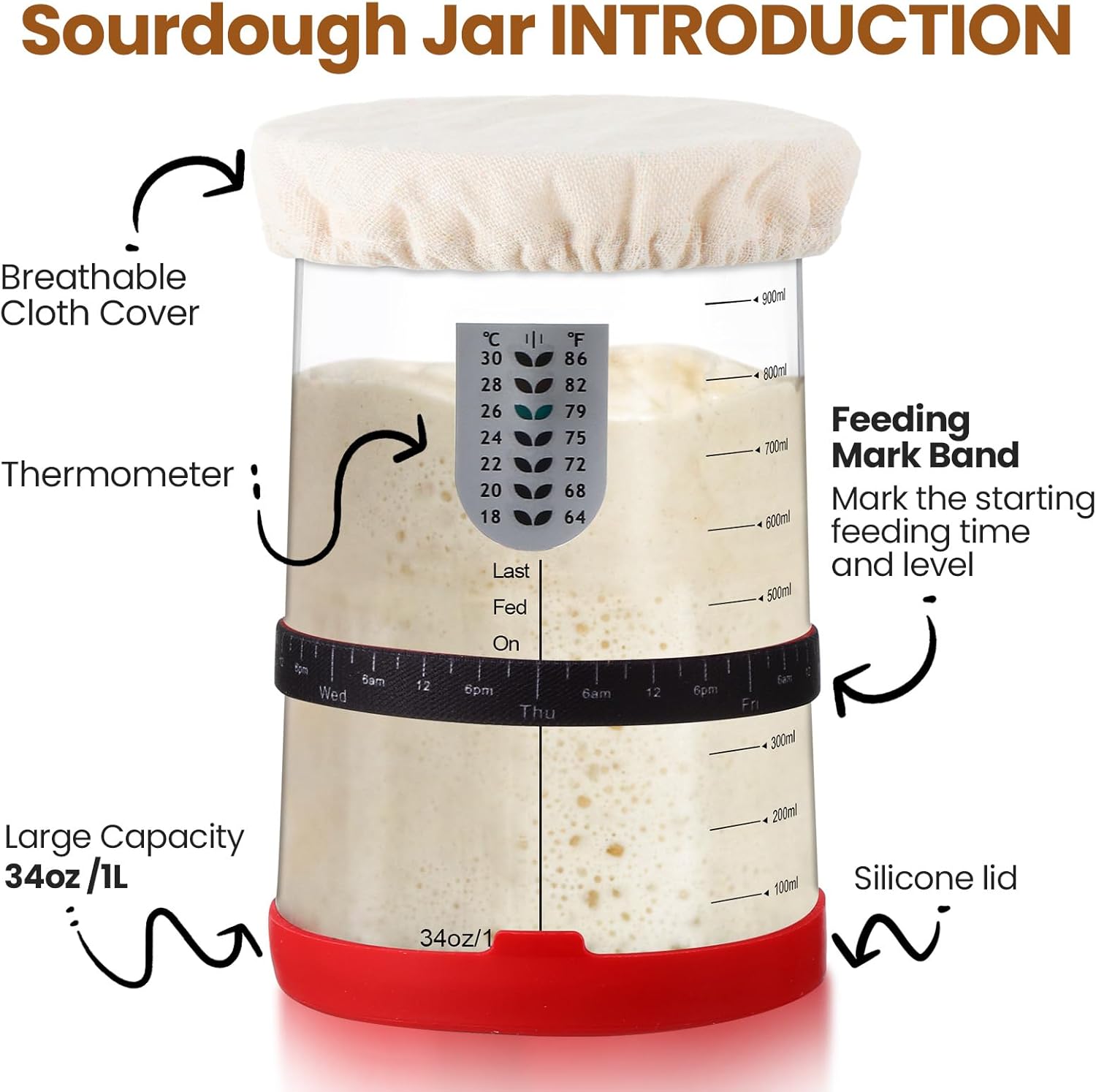 Potchen 2-Segment 34oz Sourdough Starter Kit with Thermometer and Cloth Cover Red