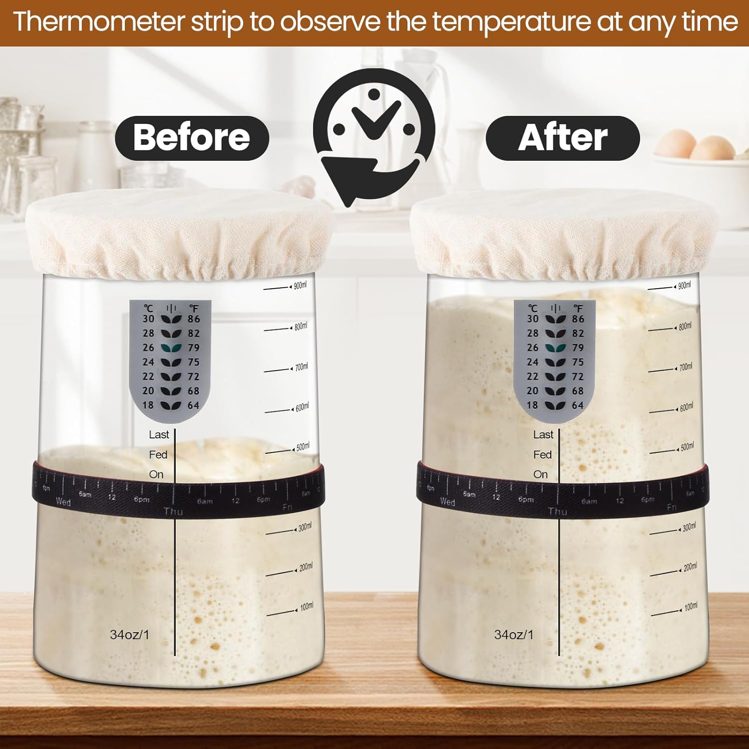 Potchen 2-Segment 34oz Sourdough Starter Kit with Thermometer and Cloth Cover Red
