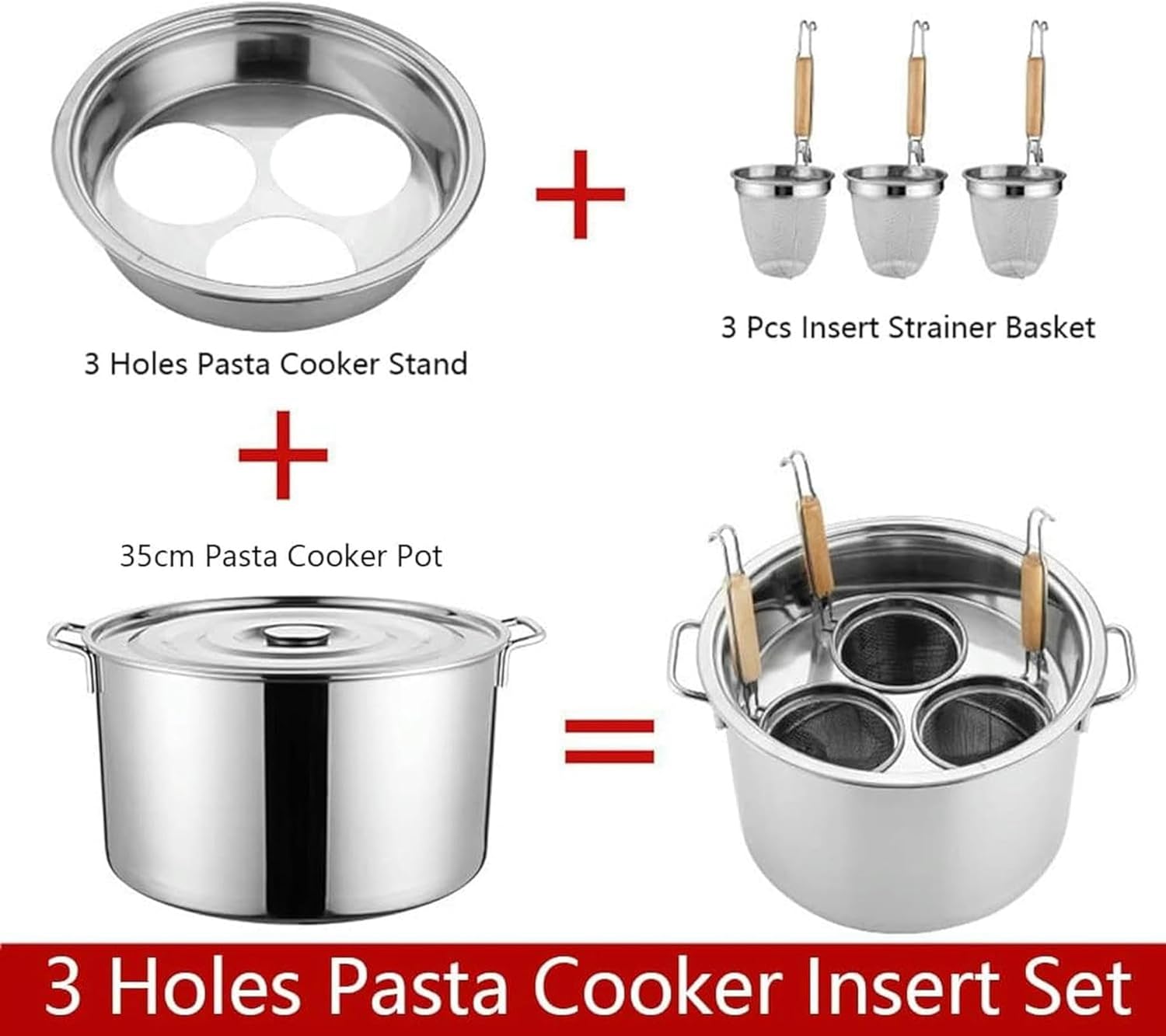 AttreX Stainless Steel Pasta Cooker with 3 Holes Strainer Basket Overflow Protection Silver