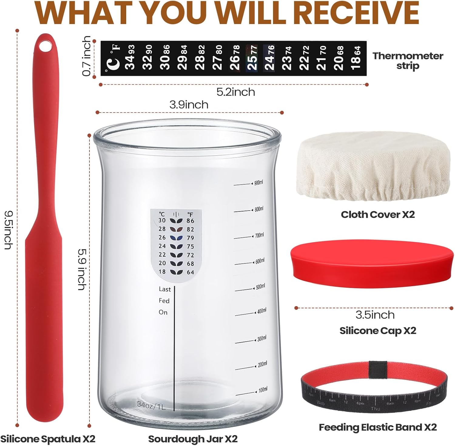Potchen 2-Segment 34oz Sourdough Starter Kit with Thermometer and Cloth Cover Red