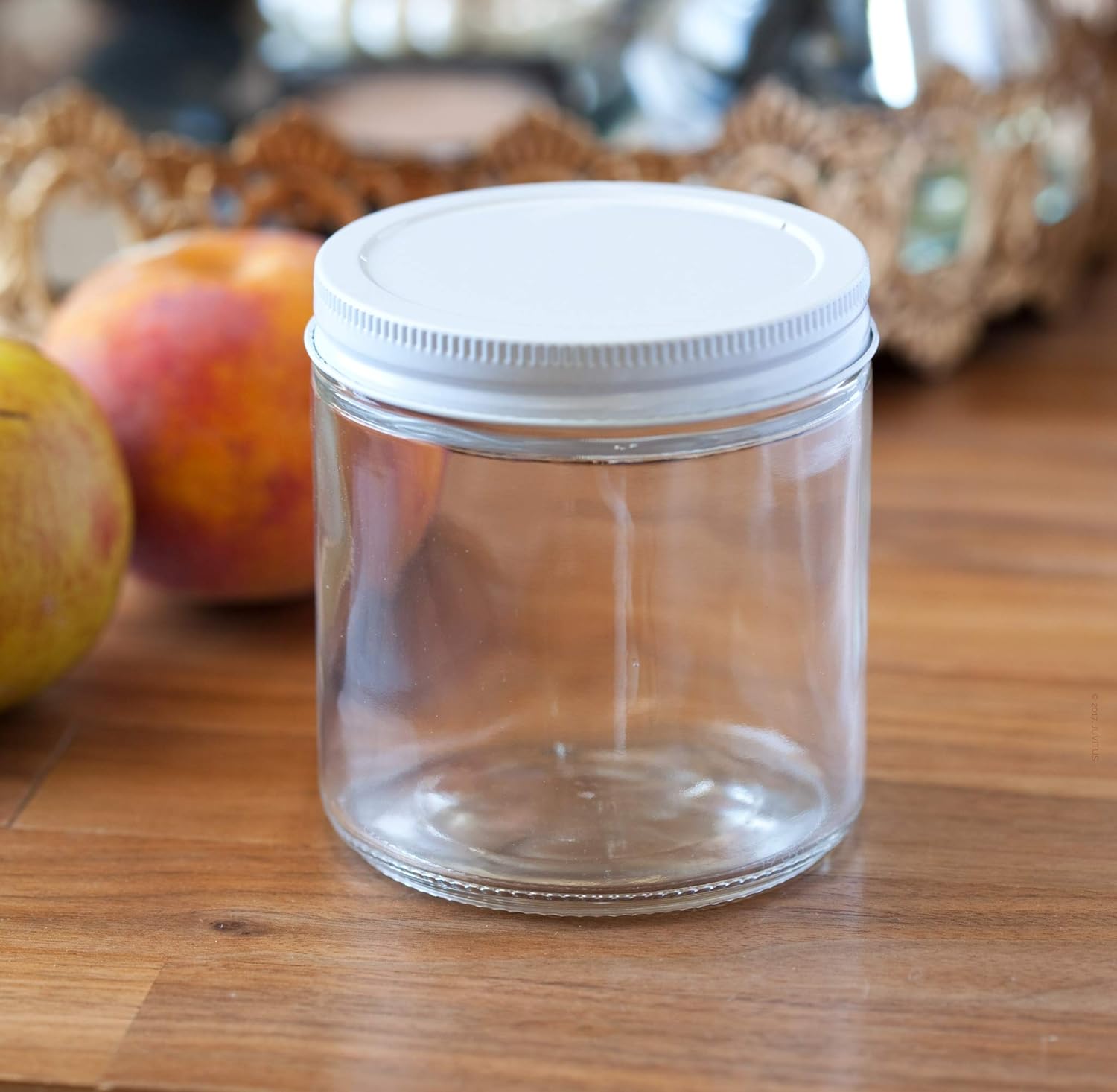 JUVITUS 16 oz Clear Thick Glass Jars with White Metal lids x2