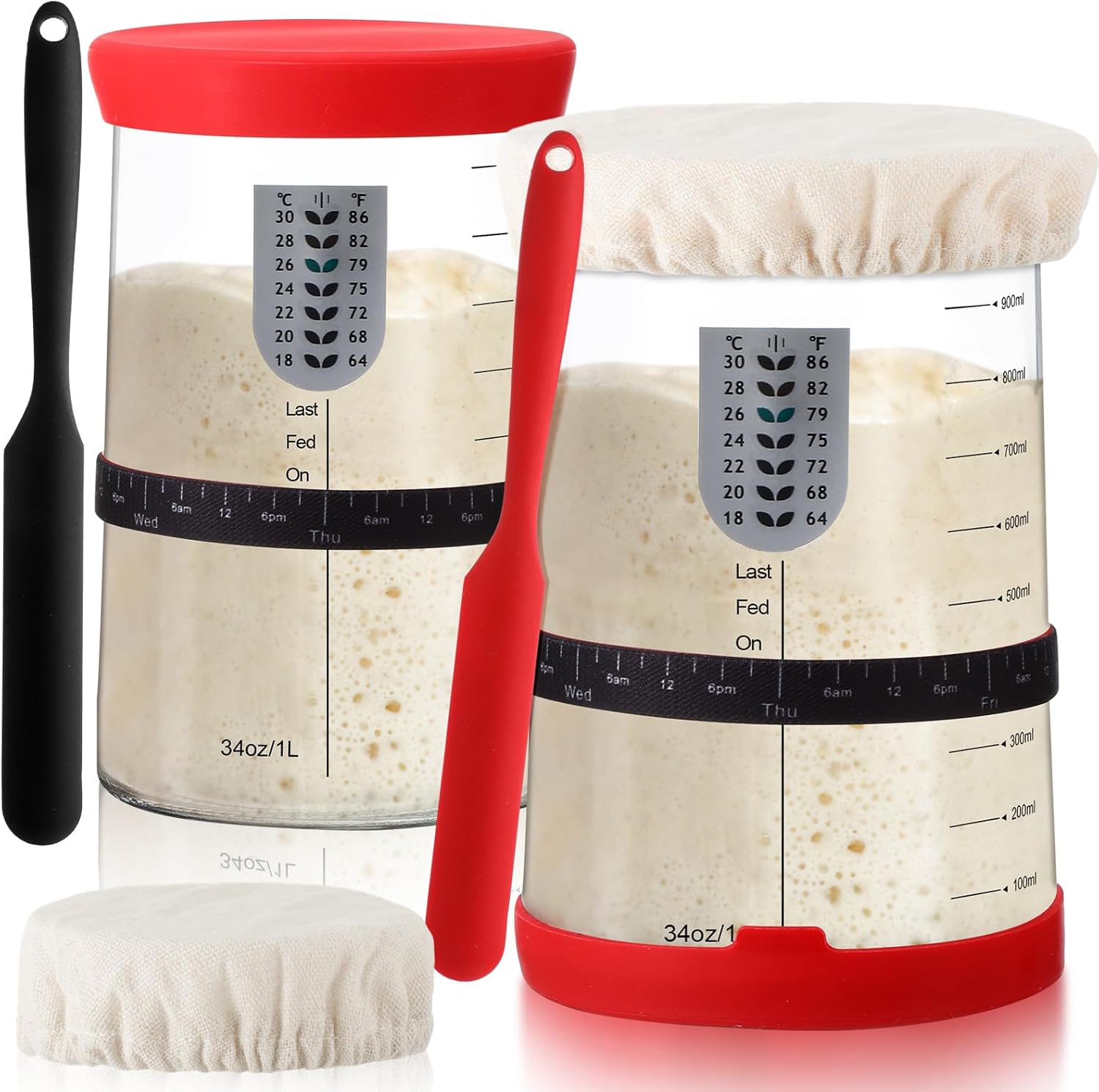 Potchen 2-Segment 34oz Sourdough Starter Kit with Thermometer and Cloth Cover Red