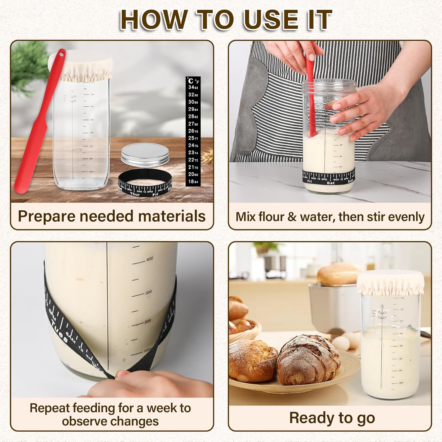 2-Pack Sourdough Glass Jars with Essential Tools for Perfect Bread Baking
