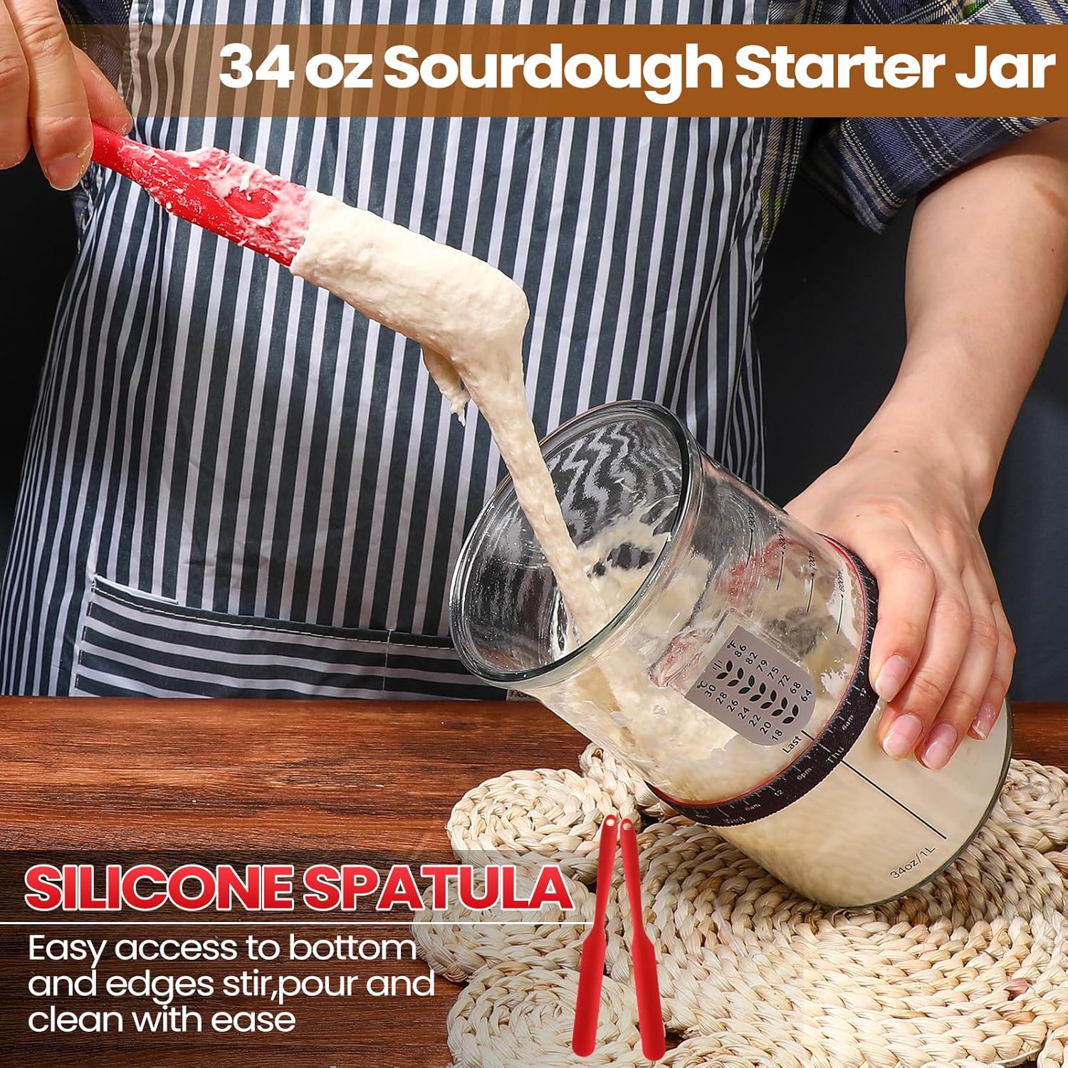 Potchen 2-Segment 34oz Sourdough Starter Kit with Thermometer and Cloth Cover Red